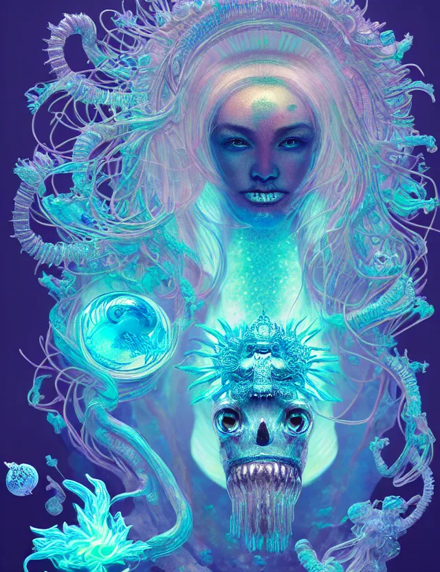 Image similar to goddess macro shouler portrait from bottom to top in crown made of ram skull. betta fish, jellyfish phoenix, bioluminiscent, plasma, ice, water, wind, creature, super intricate ornaments artwork by tooth wu and wlop and beeple and greg rutkowski