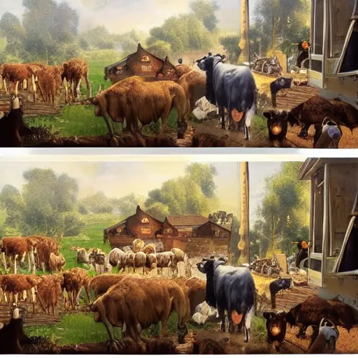 Image similar to an extremely detailed matte painting of the animals leaving noah's ark, dogs, cows, sheep, chickens, ducks, 4 k, noah's ark, antediluvian, by bob ross and norman rockwell