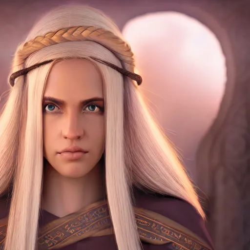 Prompt: tall female, half elf, short ears, long blonde hair, single braid, almond shaped dark brown eyes, long lashes, big forehead, a round tapered face, sharp nose, full lips, monk clothes, full body illustration, character art, character design, 4 k, 8 k, unreal render, octane render