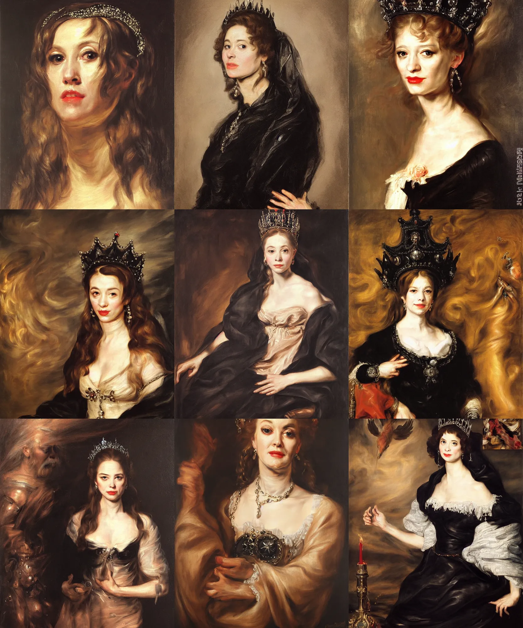 Prompt: (((((The portrait of Lady in black wax crown))))) by Peter Paul Rubens !!!!!!, ((dark fantasy, witcher)), very detailed oil painting in the alla prima style, masterpiece, 8k