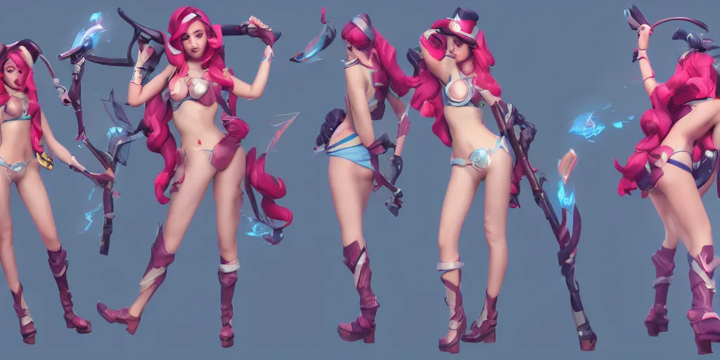 Prompt: Character sheet of pool party miss fortune (League of Legends). 3d octane render trending on artstation