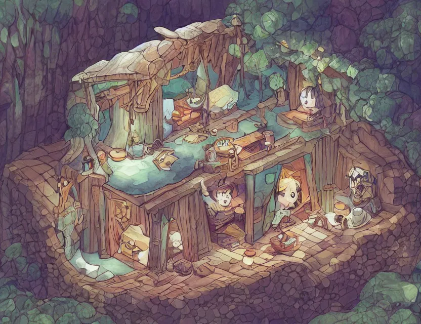 Image similar to cute and funny, a magicians cabin carved into a mountain, centered award winning watercolor pen illustration, isometric illustration by chihiro iwasaki, edited by range murata, tiny details by artgerm and watercolor girl, sharply focused