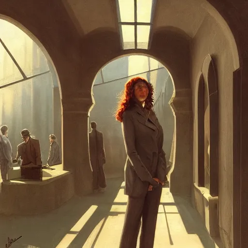 Image similar to detailed face of an intelligent clothed woman with kind eyes in a architectonic courtyard with whisps of smoke at a science expo, atmospheric, ambient, pj crook, syd mead, livia prima, artgerm, greg rutkowski, nick alm, casey baugh