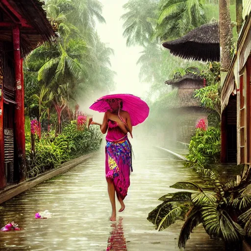 Image similar to monsoon on tropical island, oriental woman, ornate, beautiful, atmosphere, vibe, mist, coconuts, rain, wet, pristine, puddles, melting, dripping, snow, creek, lush, ice, bridge, forest, roses, flowers, by stanley artgerm lau, greg rutkowski, francis bacon