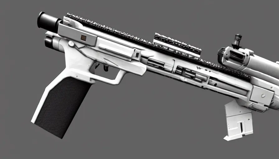 Prompt: extremely detailed realistic side view of a sci fi laser rifle, detailed pistol trigger, chemically propelled, railgun, chemrail, gauss rifle, bullpup, elegant sleek white body, massive battery, sleek utopian design, caseless ammunition, ultra quality, realistic, octane render, call of duty, warframe