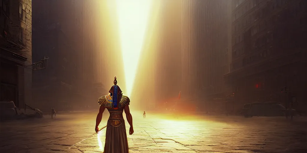 Prompt: an egyptian god walking the streets of new york, god rays, digital art, landscape, fantasy art, octane render, unreal engine, high detail, very realistic, by greg rutkowski. by james gurney