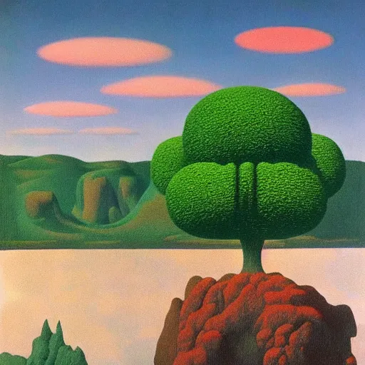 Image similar to painting of a lush natural scene on an alien planet by rene magritte. beautiful landscape. weird vegetation. cliffs and water.