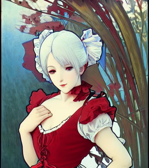 Image similar to Portrait of an anime girl with white hair wearing red gothic lolita dress, perfectly drawn hands, beautiful, 4k, smooth, sharp focus, art by Alphonse Mucha and Shirow Masamune