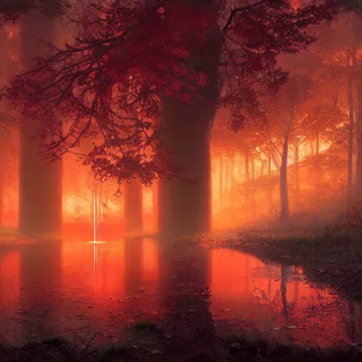 Prompt: huge orange and red mushroom in the woods, puddles of water, sunset, orange glow, foggy, by finnian macmanus and greg rutkowski