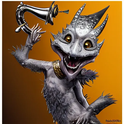 Prompt: a portrait of a friendly kobold with silver scales holding a musical horn, pathfinder kobold, fantasy character art