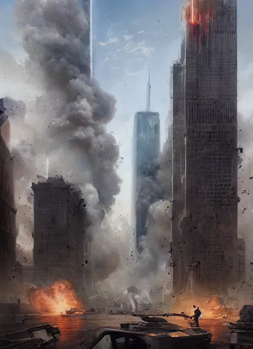 Image similar to hyper realistic 9 / 1 1 attacks, atmospheric beautiful details, strong composition painted by kim jung giu weta studio rutkowski, james gurney and greg rutkowski, and lucasfilm