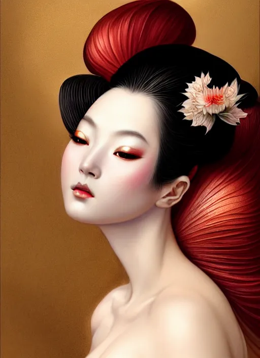 Image similar to organic seductive Geisha, pearlescent skin, diffuse lighting, fantasy, intricate, elegant pose, highly detailed, lifelike, photorealistic, digital painting, artstation, illustration, concept art, different point of view, smooth, sharp focus, art by John Collier and Albert Aublet and Leonardo da vinci and Moebius and Krenz Cushart and Artem Demura and Alphonse Mucha