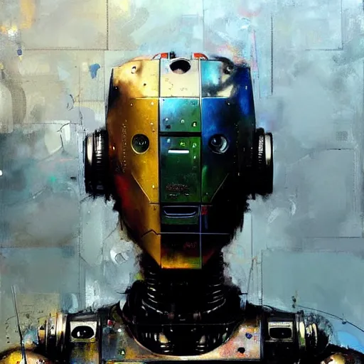 Image similar to a portrait of a robot with high tech armor, high detailed greg rutkowski painting, by adrian ghenie and gerhard richter. art by james gurney. masterpiece, deep colours.