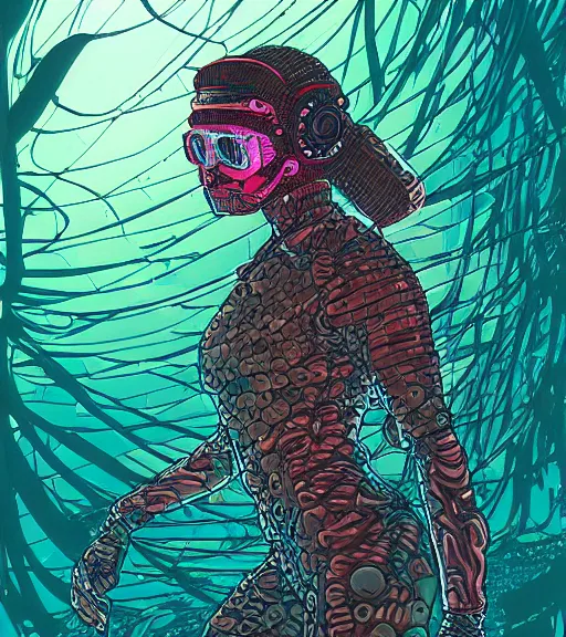 Image similar to a cyberpunk diver Polynesian woman swims through a dark alien coral reef, techwear, Industrial Scifi, detailed illustration, character portrait, by Martin Grip and Moebius
