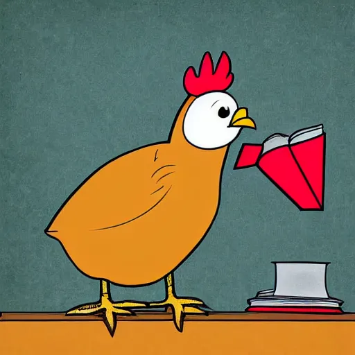 Prompt: A chicken with glasses standing on a table looking down at an open book like it's reading it, the book is also on the table, digital art.