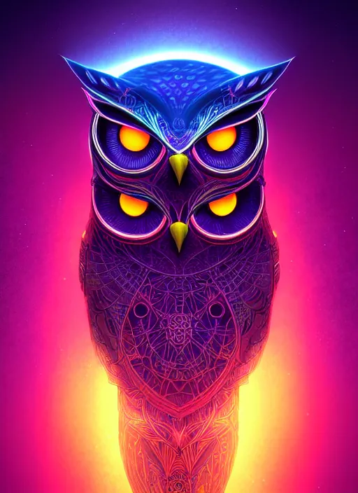 Image similar to symmetry!! product render poster vivid colors divine proportion owl, scifi, glowing fog intricate, elegant, highly detailed, digital painting, artstation, concept art, smooth, sharp focus, illustration, art by artgerm