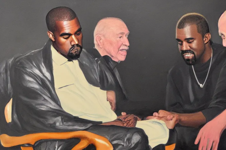 Prompt: Kanye West explaining something to Walt disney, oil painting by wilson mclean, sharp focus, a masterpiece, highly detailed