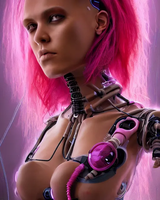 Image similar to portrait of a beautiful tan woman with pink hair as a cyberpunk cyborg half robot, revealing wires and electronics, hooked - up, sci - fi, missing panels, intricate abstract upper body intricate artwork, concept art, octane render, deviantart, cinematic, key art, hyperrealism, iridescent accents, portrait photograph, nikon 3 5 mm, photograph by greg rutkowski