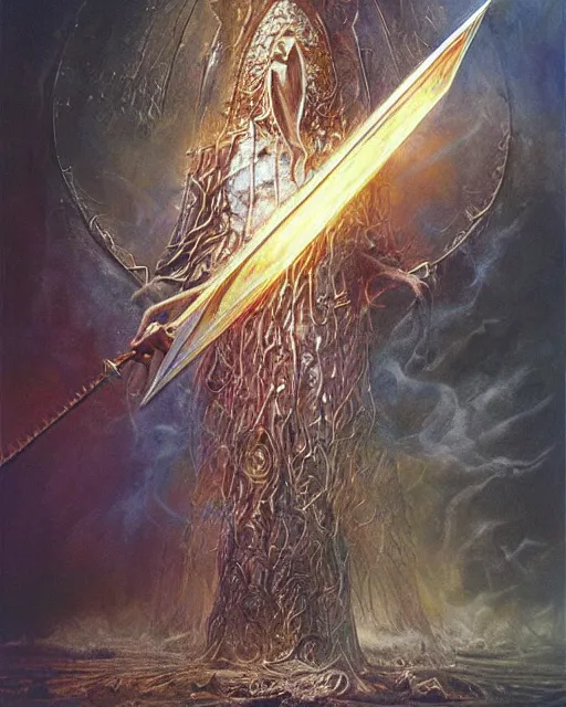 Prompt: spear of longinus, award winning photograph, radiant flares, realism, lens flare, intricate, various refining methods, micro macro autofocus, evil realm magic painting vibes, hyperrealistic painting by michael komarck - stephen gammell