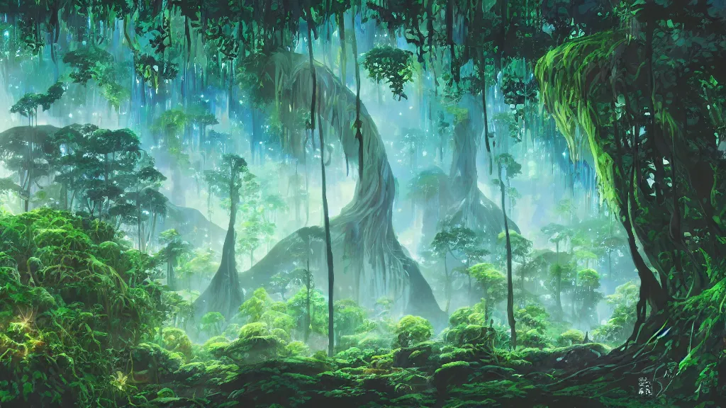 Prompt: magical rainforest with overgrown glowing bioluminescent fungus and strangler fig, anime background, interior, gouache, hand painted, in the style of kazuo oga, studio ghibli