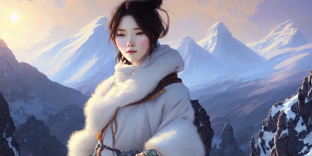 Image similar to beautiful digital painting of a hoyeon jung stylish female snow - covered mountains with high detail, real life skin, freckles, 8 k, stunning detail, works by artgerm, greg rutkowski and alphonse mucha, unreal engine 5, 4 k uhd