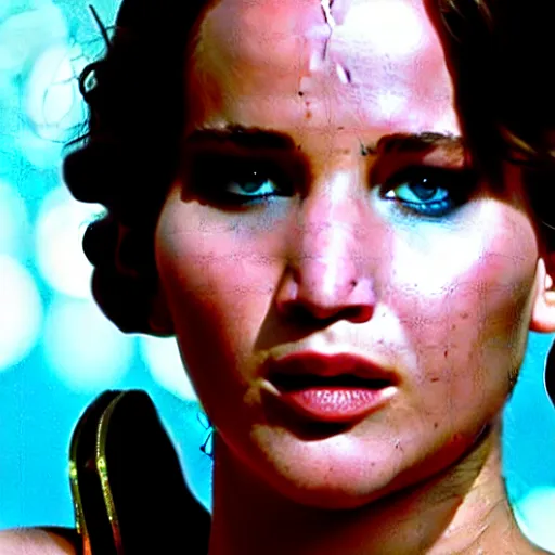 Image similar to cinematic jennifer lawrence, color photography, sharp detail, confused, still from the movie speed racer