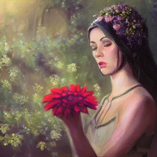 Prompt: a beautiful oil painting of Circe the witch picking up flowers, detailled, HD, realistic, trending on art station