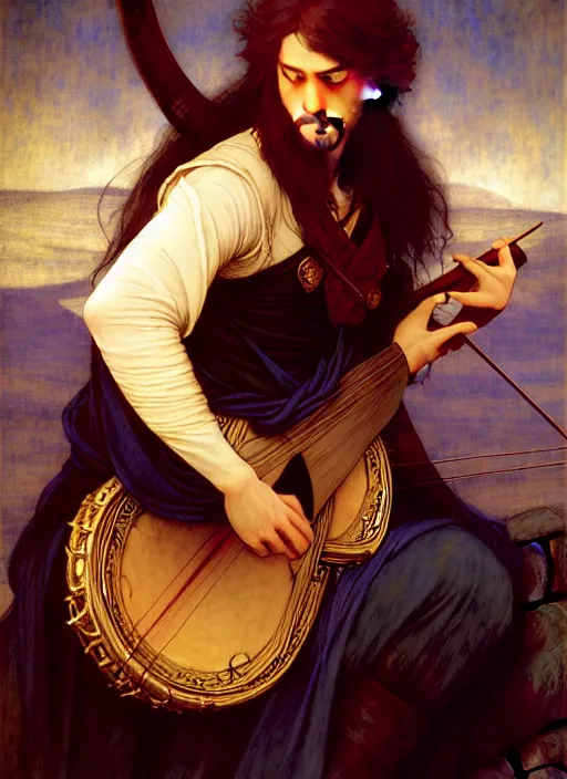 Image similar to bard playing lute, full body, hyper realistic, extremely detailed, dnd character art portrait, dark fantasy art, intricate fantasy painting, dramatic lighting, vivid colors, deviantart, artstation, by edgar maxence and caravaggio and michael whelan and delacroix.