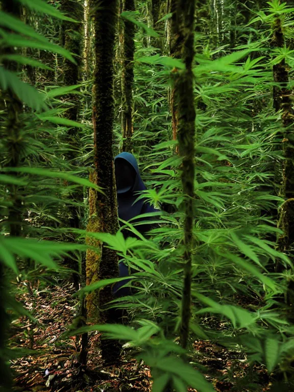 Image similar to hooded figure in cannabis forest, film photo, grainy, high detail, high resolution,