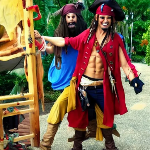 Prompt: Captain Jack Sparrow as Monkey D. Luffy, Anime Captain Jack Sparrow, Stretchy rubber arms