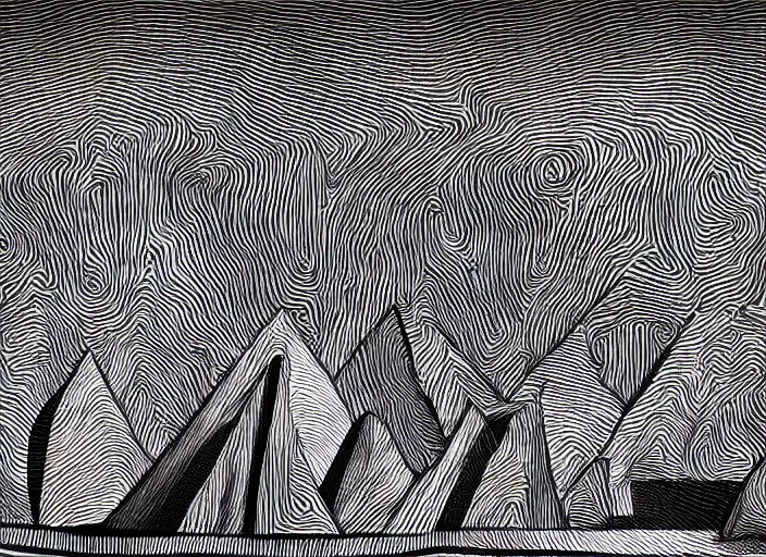 Image similar to Tapered Stone Monuments with sharp edges point to the overcast sky, Digital Art, Style of Stanley Donwood, 8k, Highly Detailed