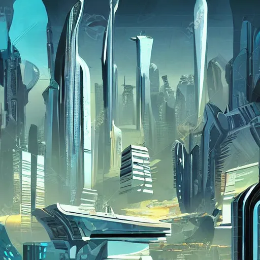 Prompt: a sci fi highly detailed city scape in the style of syd mead