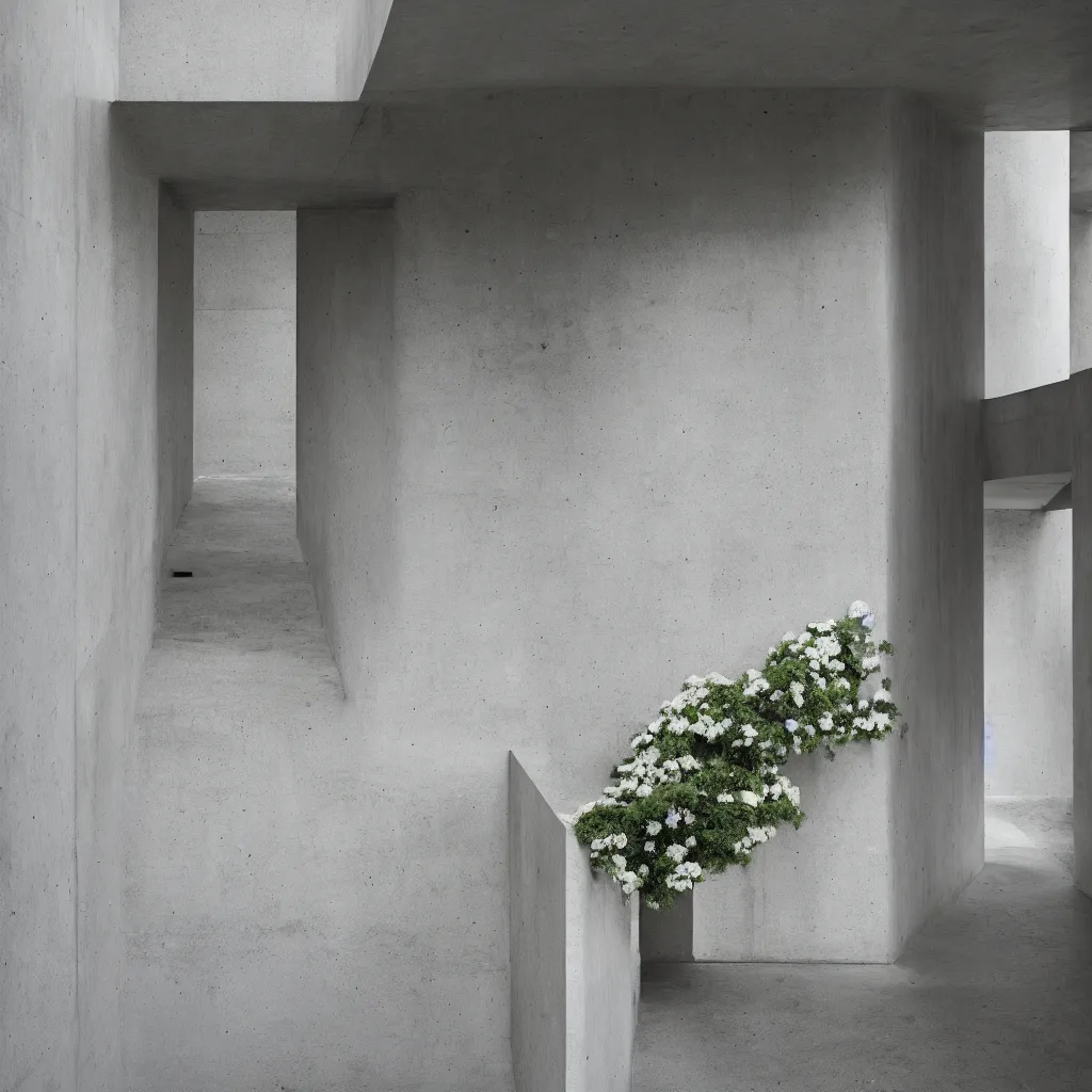 Image similar to photograph of a hallway, concrete, tadao ando, flowers, minimalist, architecture magazine, dezeen, 50mm, pentax, film