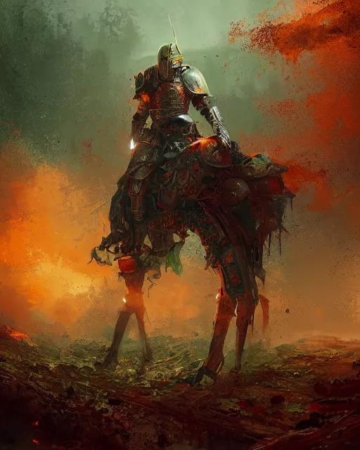 Image similar to Hyper realistic painting of a knight in a rusted full plate armor, green and orange rust, hyper detailed, thunderstorm, midnight, volumetric lighting, creepy atmosphere, by greg rutkowski