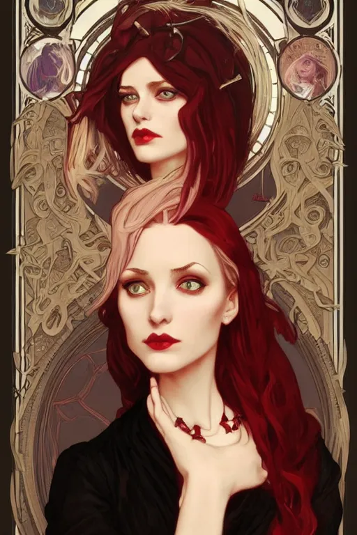Prompt: female occultist, sweeping wild blonde hair, red eyes, portrait, high cheekbones, smug, evil, Victorian, black velvet dress, dark colors, ruby jewelry, fantasy painting, trending in Artstation, GSociety, by Alphonse Mucha, Charlie Bowater, Brom