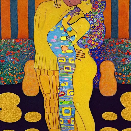 Prompt: “Homer and Marge Simpson from TV series The Simpsons are kissing. Painting by Gustav Klimt , Oil and gold leaf on canvas. Golden period. National Art Gallery. Marge Simpson with her signature blue beehive hairstyle.”