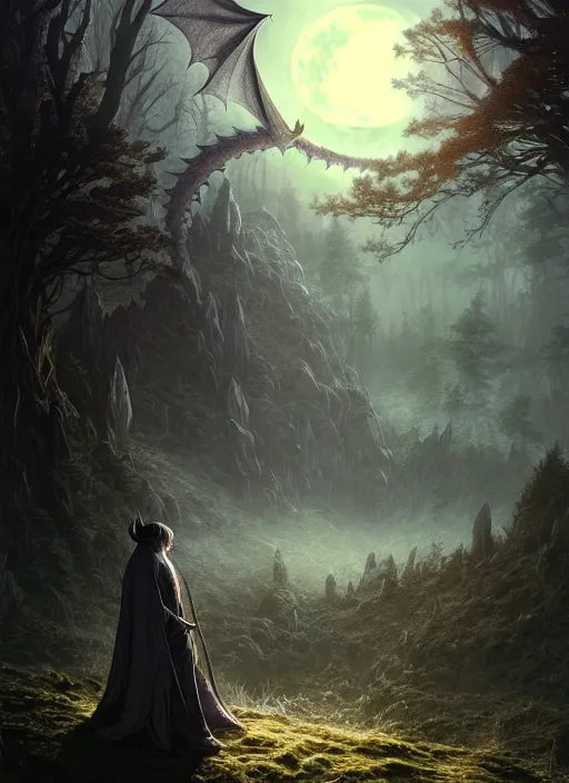 Image similar to full moon, adventurer outfit large cloak, fantasy forest landscape, dragon scales, fantasy magic, dark light night, intricate, elegant, sharp focus, illustration, highly detailed, digital painting, concept art, matte, art by WLOP and Artgerm and Greg Rutkowski and Albert Bierstadt, masterpiece