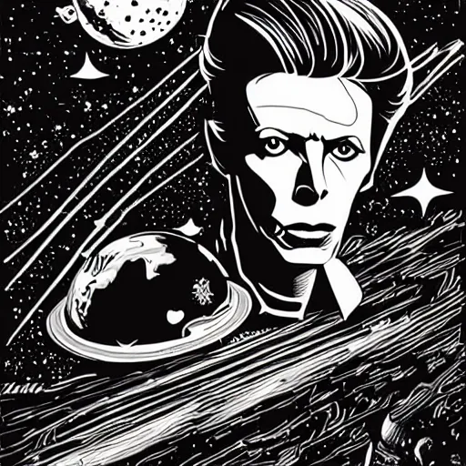 Image similar to mcbess illustration of David Bowie as a god In space , cinematic, hyper realistic, photo realistic, 4k, galaxies