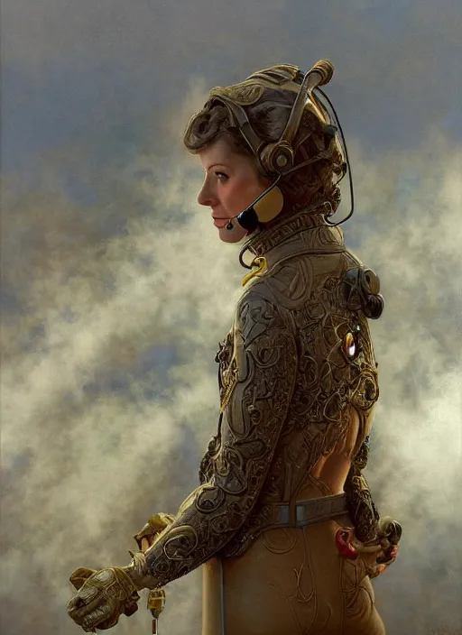 Prompt: A telemarketer walking out of of misty steam clouds, intricate, elegant, highly detailed, donato giancola, Joseph Christian Leyendecker, WLOP, Boris Vallejo, Artgerm
