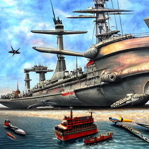 Prompt: giant warship and planes, diesel punk, realistic and detailed painting, by paul roman martinez