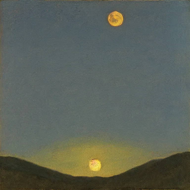 Image similar to vermont mountains, supermoon, clear sky, twilight, abbott handerson thayer oil painting, pale blue palette