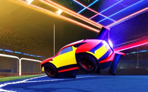 Image similar to rocket league goal, car soccer, ball exploding, dramatic lighting, moody lighting, muted color, 4 k, hq, octane render, dynamic angle, marketing, promotional.