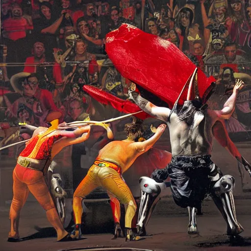 Prompt: electric red by frieke janssens, by glen fabry. a mixed mediart of a bullfight in spain. the mixed mediart is set in an arena with spectators in the stands. several figures in the mixed mediart, including a matador & a bull.