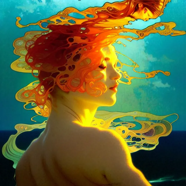 Image similar to mind bending ocean waves of glossy psychedelic liquid honey drops flowing like kaleidoscopic translucent amber, lsd waves, lsd ripples, crystal clear, backlit, sunset, refracted lighting, art by collier, albert aublet, krenz cushart, artem demura, alphonse mucha