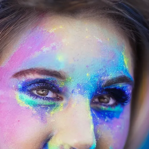 Prompt: a photo of a female smiling, painted her body with ultraviolet paint, 5 0 mm lens, f 1. 4, sharp focus, ethereal, emotionally evoking, head in focus, volumetric lighting, 8 k