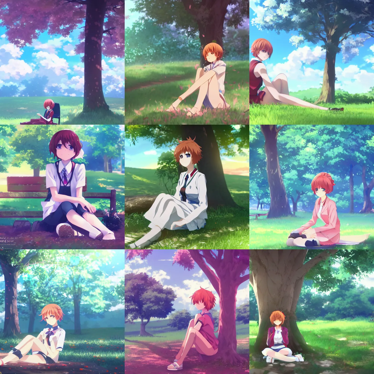 Prompt: Sayori from Doki Doki Literature Club sitting under a tree, anime key visual, digital art, anime screenshot, kyoto animation, makoto shinkai, trending on artstation