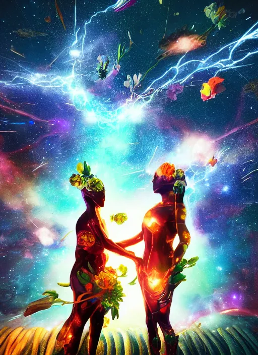 Image similar to An epic fantastic realism comic book style painting of the most beautiful entwined flowers launched across the dark cosmic sky, floating bouquets, fisheye, lightning creating life, unreal 5, DAZ, hyperrealistic, octane render, dynamic lighting