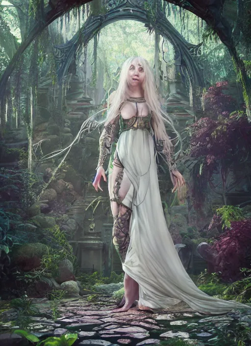 Image similar to Beautiful art full shot of taylor momsen as a fantasy priestess in a bright temple surrounded by lush forest, atmospheric lighting, intricate detail, cgsociety, hyperrealistic, octane render, RPG portrait, ambient light, dynamic lighting