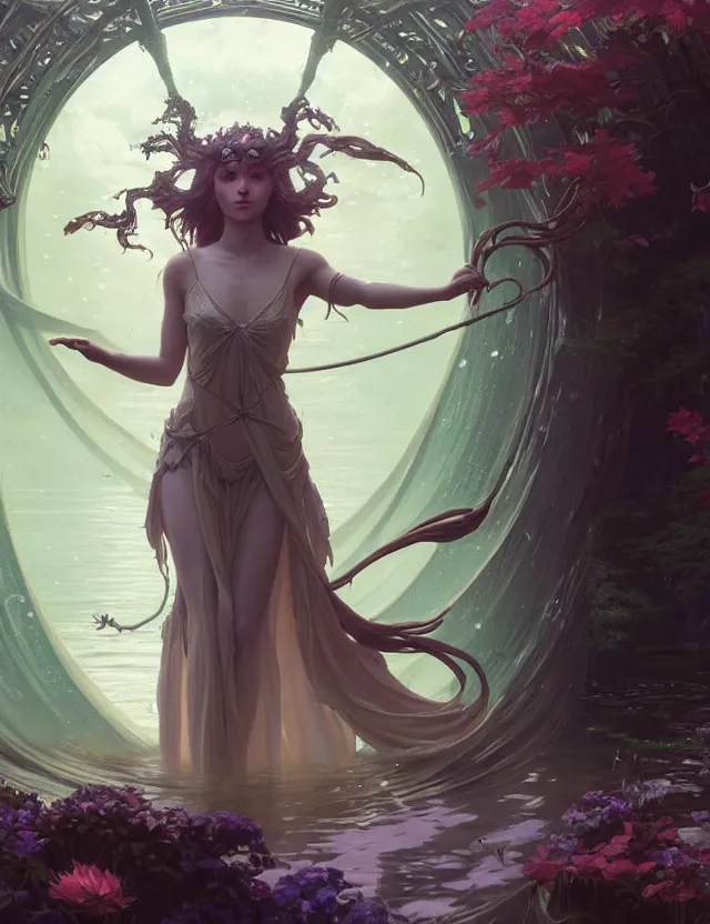 Image similar to highly detailed vfx portrait of a sorceress - ophelia casting a water spell, unreal engine, greg rutkowski, loish, rads, beeple, makoto shinkai and lois van baerle, ilya kuvshinov, rossdraws, tom bagshaw, alphonse mucha, global lighting, detailed and complex environment