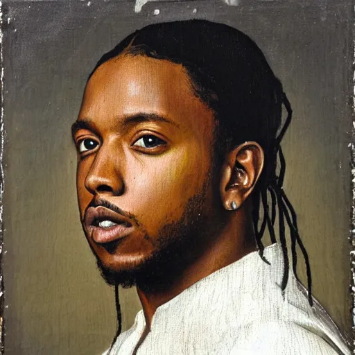 Image similar to a renaissance style portrait painting of kendrick lamar